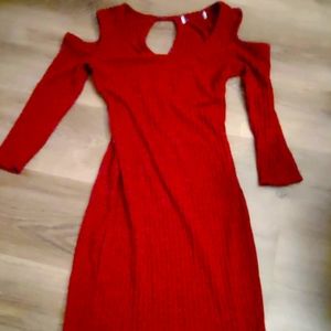 Bright red no shoulder knee length dress